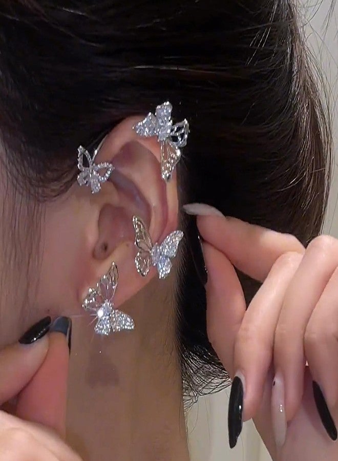 DOLLESS Butterfly Ear Cuff for Women Cubic Zirconia Butterfly Ear Wrap No Piercing Clip On Earrings (Silver) - Image 4